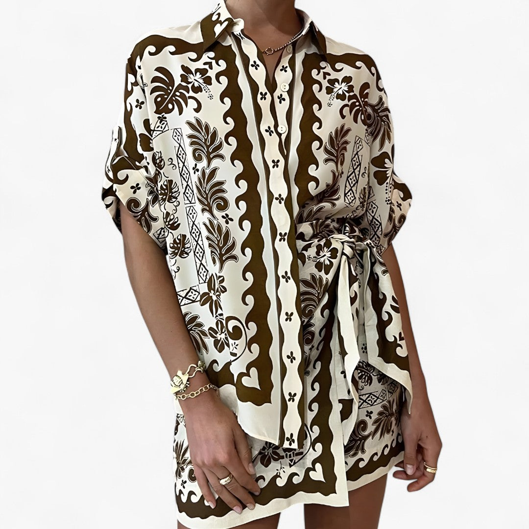 Abito camicia stampato in stile boho con eleganza naturale Donna - Marrone S - abito abito camicia boho camicia Complete Outfit donna DRESS dresses eleganza naturale - Concept Palermo