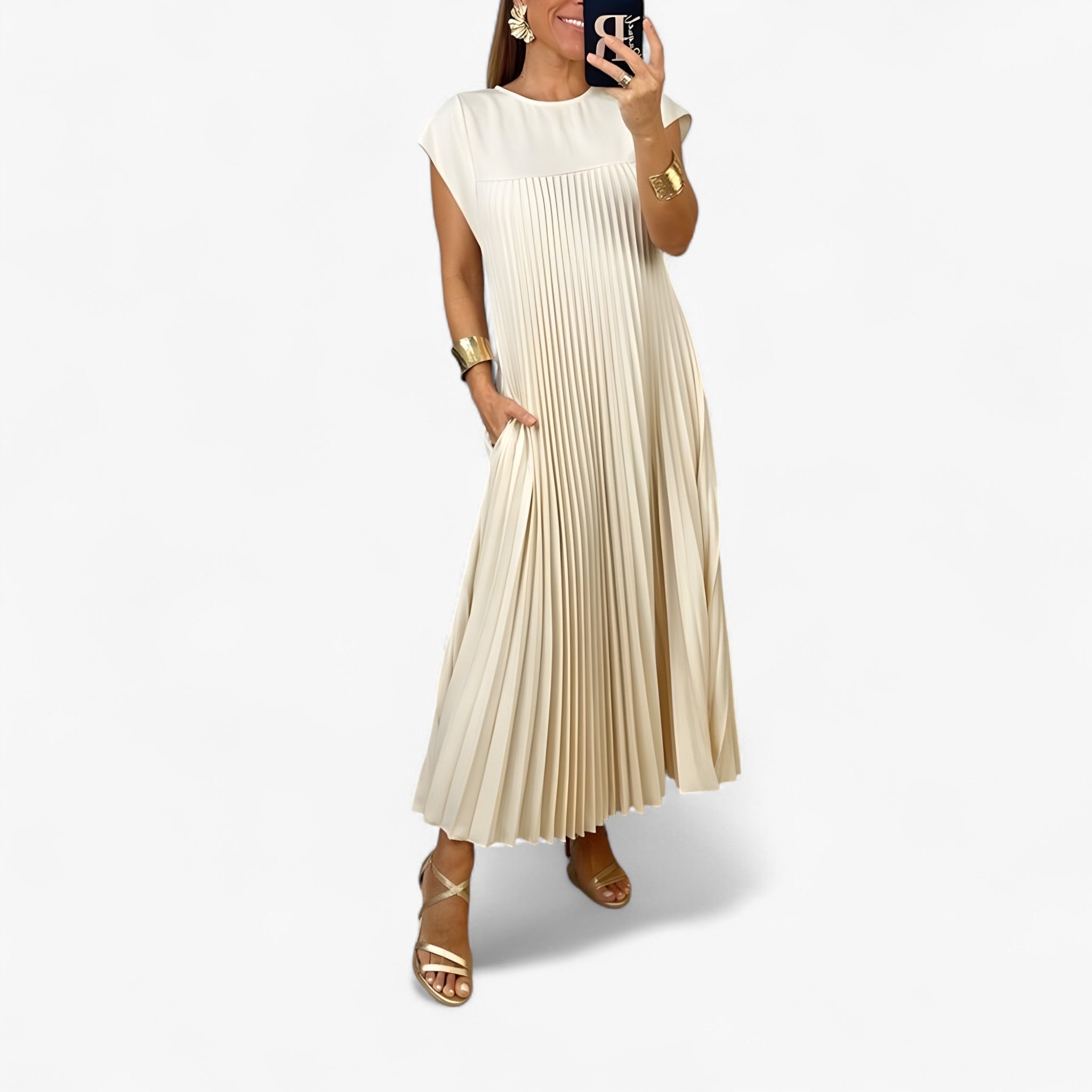 Vestito Senza Maniche con Pieghe Donna - Beige - donna dresses maniche pieghe vestito vestito maniche - Concept Palermo