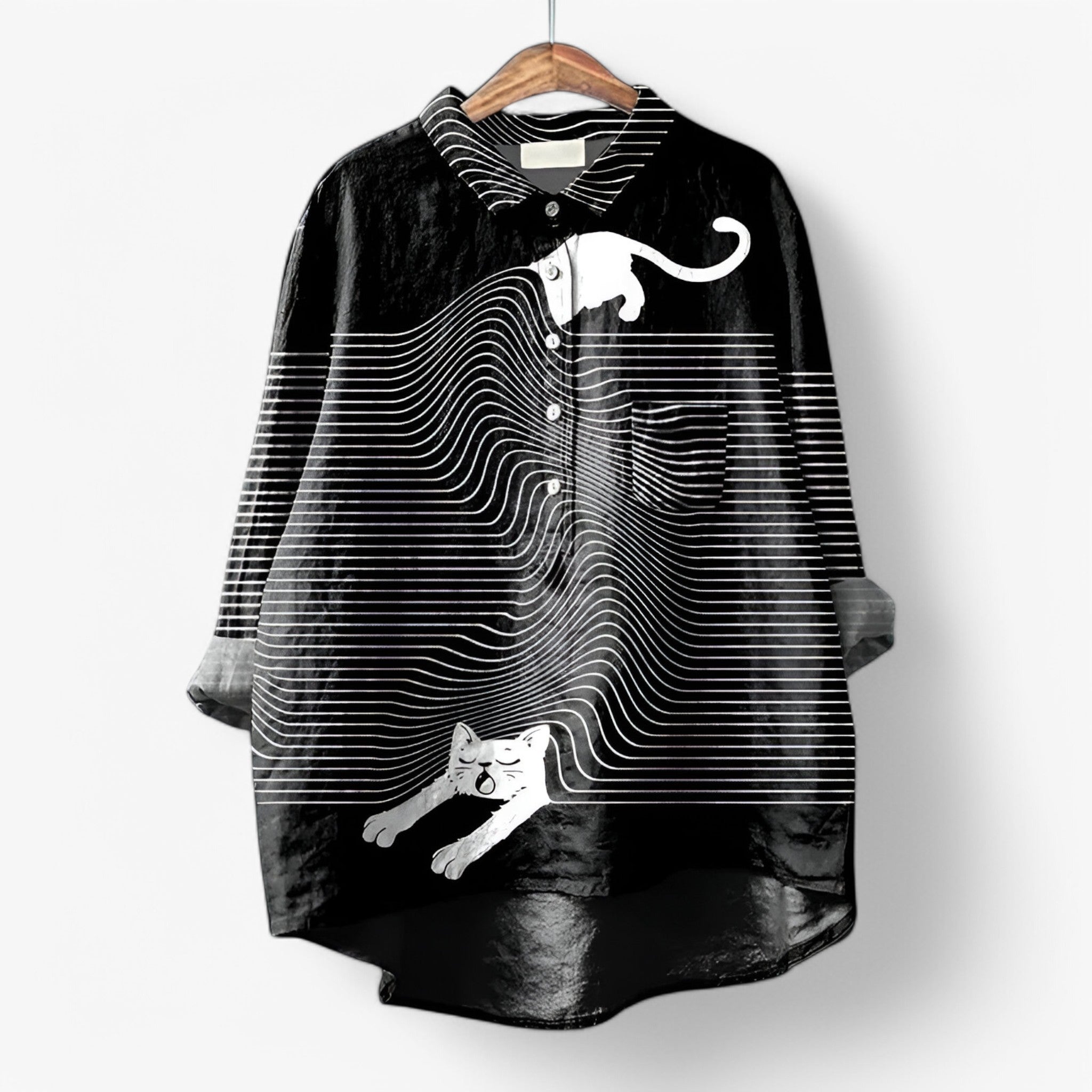 Camicia Donna con Stampa Grafica Accattivante - Elegante e Moderna - Gatto Gatto - accattivante camicia camicia con stampa grafica camicia donna camicia moderna camicia stampa donna grafica look da ufficio moda donna stampa women's top clothes - Concept Palermo