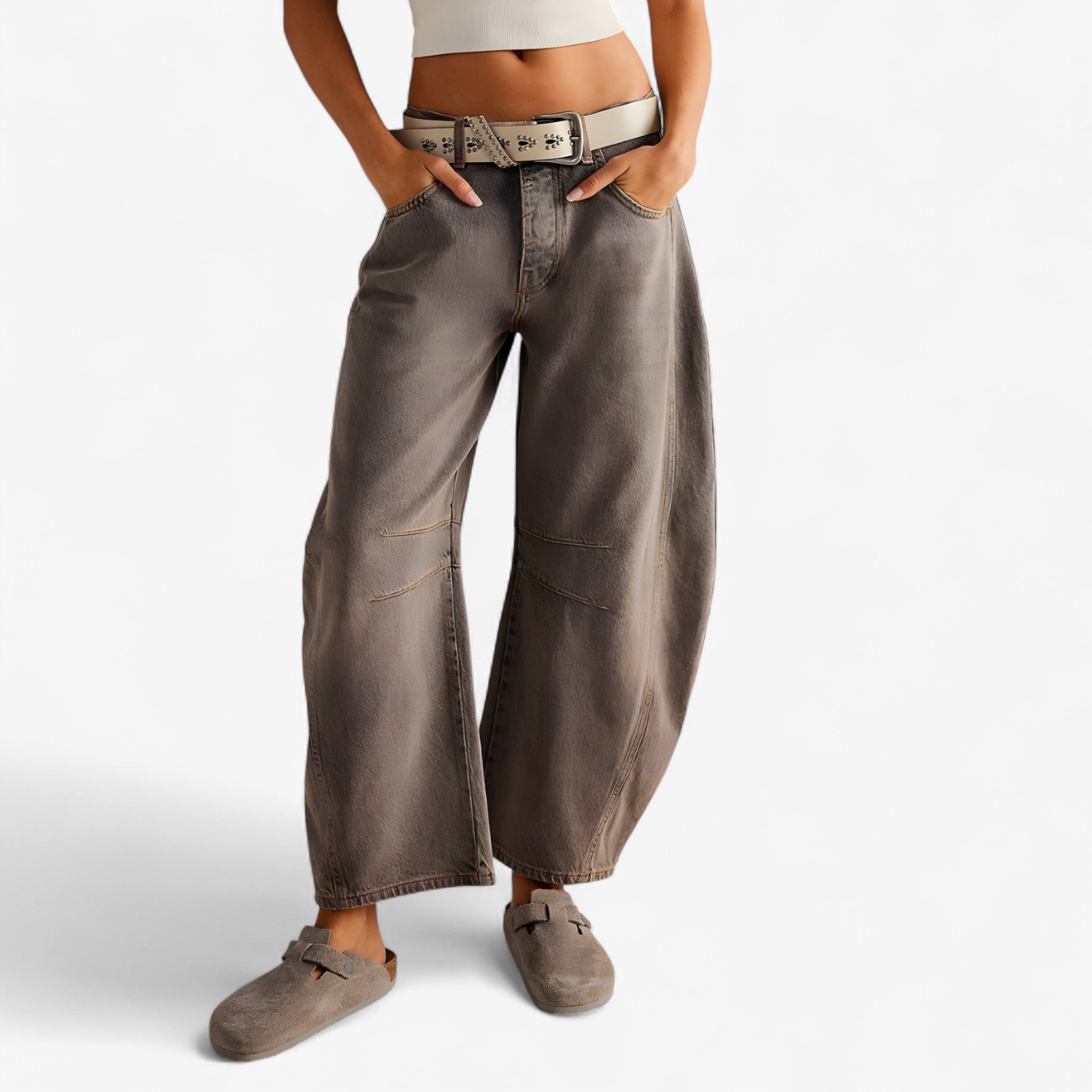 Jeans a Gamba Larga da Donna in Denim Blu Vita Alta - Grigio - gamba Jean jeans jeans gamba larga pants - Concept Palermo