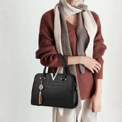 Borsa Donna Nera Elegante in Vera Pelle di Coccodrillo con Tracolla Regolabile e Zip - - Bags borsa borsa pelle coccodrillo handbags pelle Women's handbags - Concept Palermo