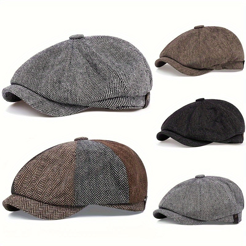 Cappellino retrò con otto pannelli in tessuto tweed a spina di pesce, berretto casual a righe Lino Uomo - - berretto cappellino cappellino retr caps casual hats lino men's hat otto pannelli - Concept Palermo
