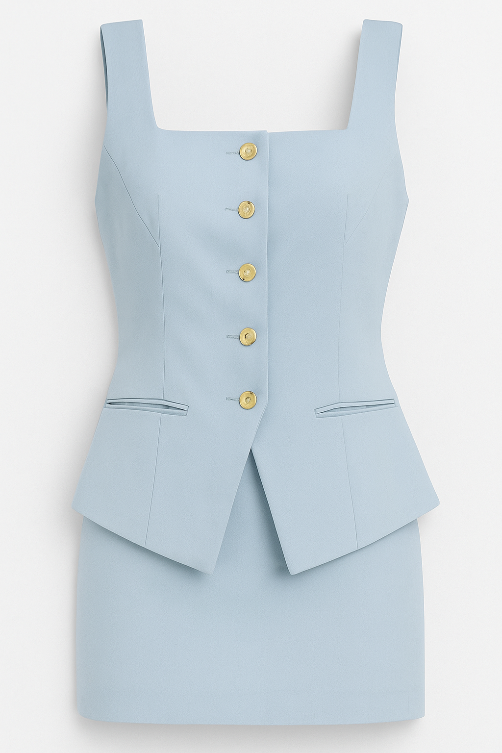 Tailleur Abito Corto con Bottoni Dorati – Eleganza Squadrata senza Maniche - Azzurro chiaro - abito Bodysuits And Skirt Size Chart bottoni dorati eleganza maniche outfit sets Skirt squadrata tailleur - Concept Palermo
