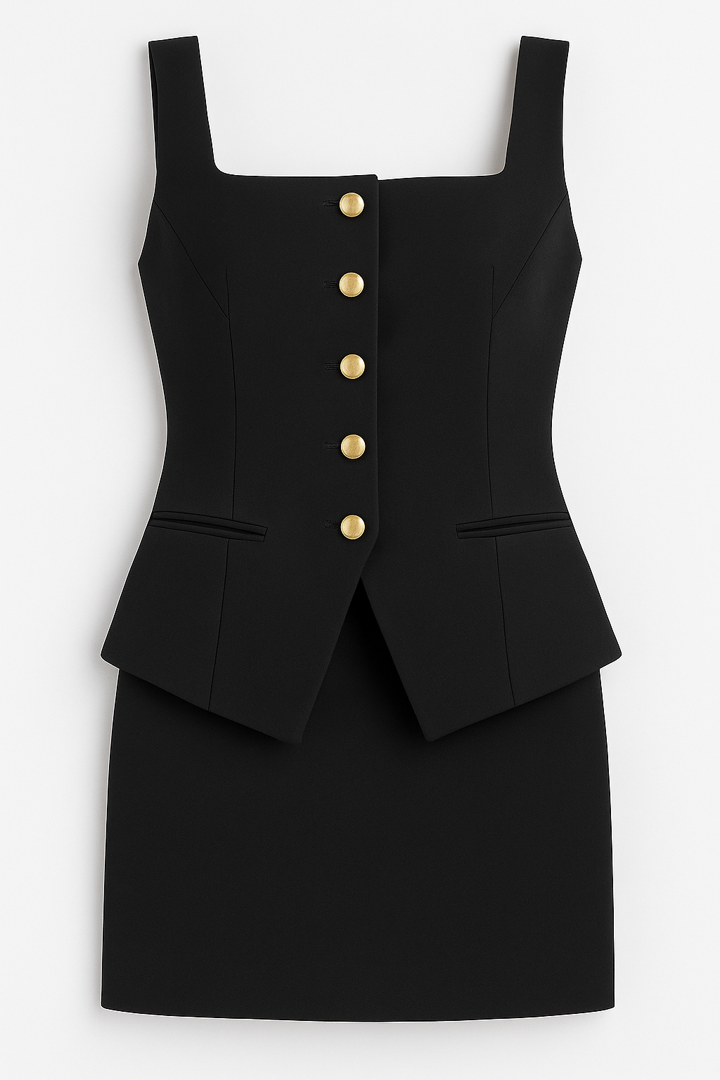 Tailleur Abito Corto con Bottoni Dorati – Eleganza Squadrata senza Maniche - Nera - abito Bodysuits And Skirt Size Chart bottoni dorati eleganza maniche outfit sets Skirt squadrata tailleur - Concept Palermo