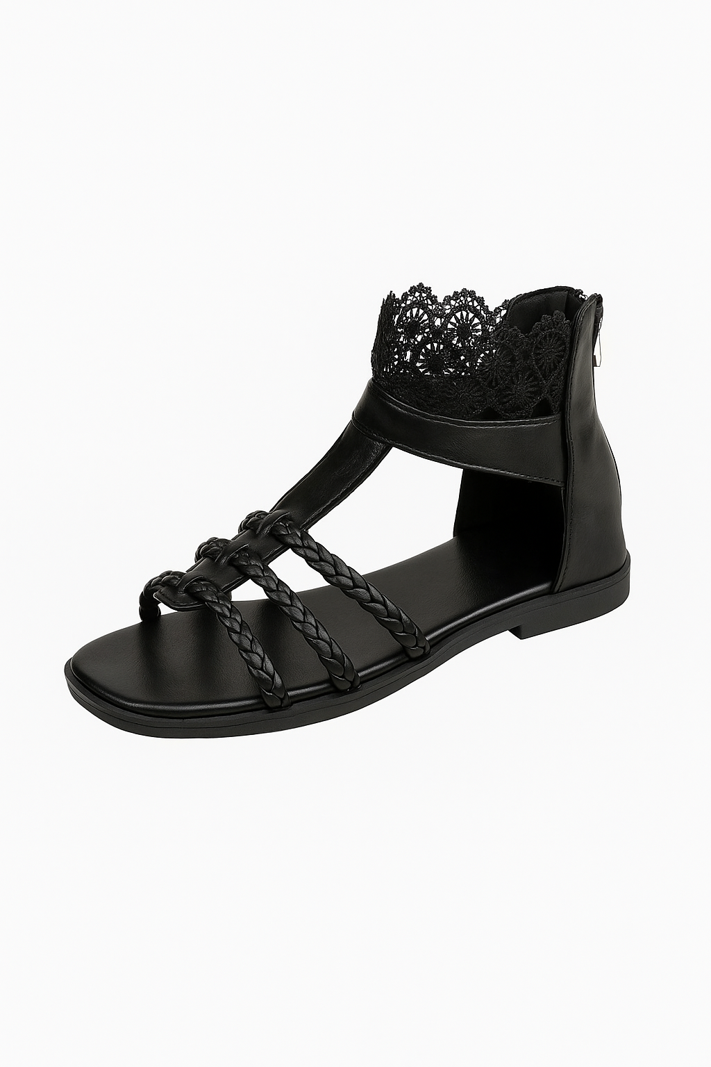Sandali Boho con Intreccio e Dettagli in Pizzo alla Caviglia - Nero - alla anti-slip sandals boho breathable sandals casual sandals caviglia comfy sandals dettagli easy wear sandals elegant sandals fashion sandals flat sandals intreccio pizzo sandali sandali boho - Concept Palermo