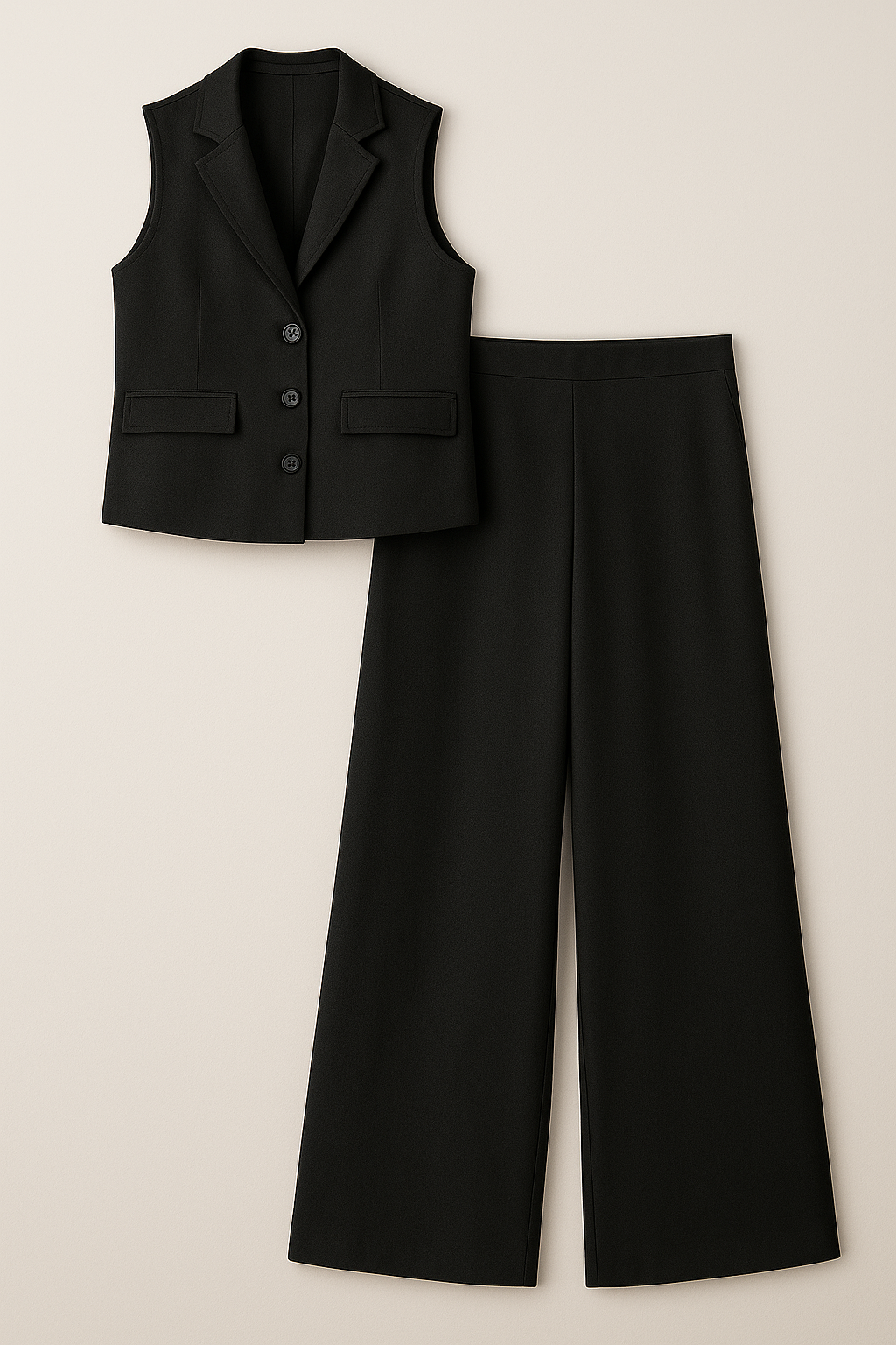 Completo Donna con Gilet Senza Maniche e Pantaloni a Gamba Larga - Nero - Complete Outfit completo completo donna donna dress outfit gamba gilet larga maniche outfit set outfit sets - Concept Palermo