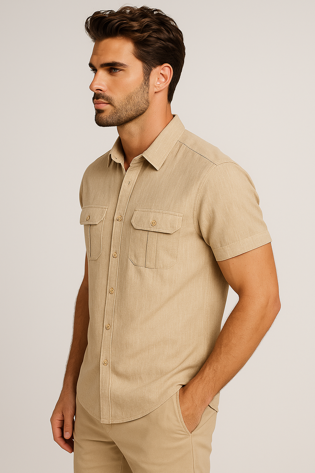 Camicia estiva da uomo in lino con maniche corte e tasche anteriori - - anteriori camicia camicia estiva corte estiva lino maniche men's polo shirt men's top clothes shirts & polos Shirts und Polos - Concept Palermo