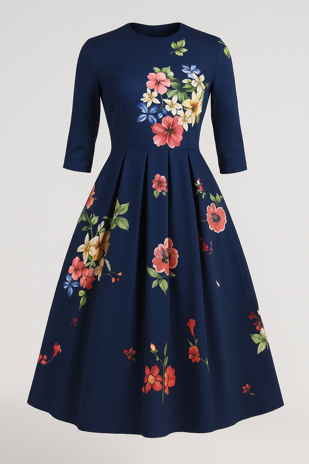 Vestito midi con stampa floreale e maniche 3/4 Donna - Blu navy - ADULT donna dresses Fashion & Casual floreale Frauen Kleider maniche midi stampa vestito vestito midi - Concept Palermo