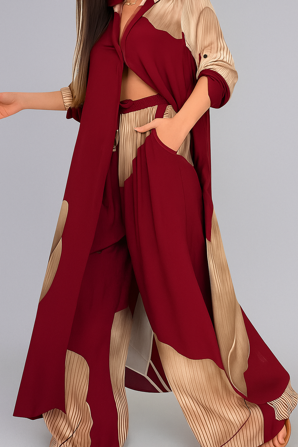 Completo Tuta Donna Elegante con Camicia e Pantaloni Casual - Rosso-Khaki - abbigliamento quotidiano camicia camicia a bottoni camicia lunga donna donna moda femminile outfit casual donna outfit sets pantaloni pantaloni con cordoncino set elegante donna stile e comfort taglie disponibili S M L XL tessuto leggero tuta tuta donna - Concept Palermo
