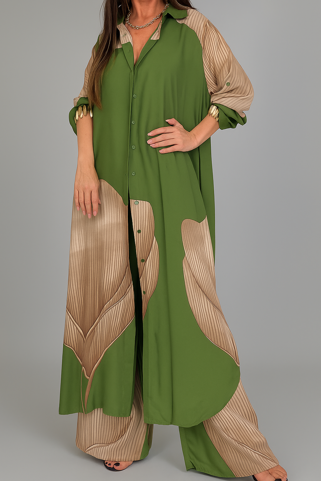 Completo Tuta Donna Elegante con Camicia e Pantaloni Casual - Verde-Khaki - abbigliamento quotidiano camicia camicia a bottoni camicia lunga donna donna moda femminile outfit casual donna outfit sets pantaloni pantaloni con cordoncino set elegante donna stile e comfort taglie disponibili S M L XL tessuto leggero tuta tuta donna - Concept Palermo