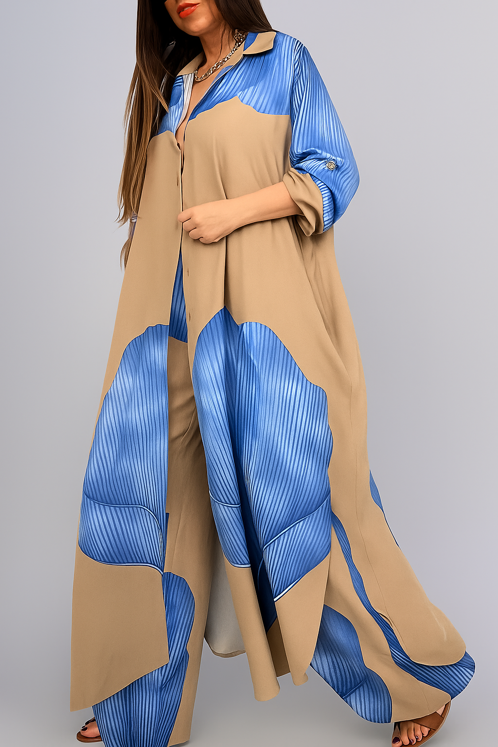 Completo Tuta Donna Elegante con Camicia e Pantaloni Casual - Blu-Khaki - abbigliamento quotidiano camicia camicia a bottoni camicia lunga donna donna moda femminile outfit casual donna outfit sets pantaloni pantaloni con cordoncino set elegante donna stile e comfort taglie disponibili S M L XL tessuto leggero tuta tuta donna - Concept Palermo