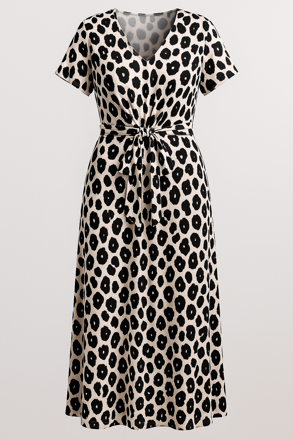 Abito Donna con Stampa Leopardata - Nero - abbigliamento donna abito abito donna abito elegante abito lungo cintura regolabile donna dresses fashion autunnale leopardata materiale morbido outfit serale stampa stampa leopardata vestito con scollo a V vestito versatile - Concept Palermo