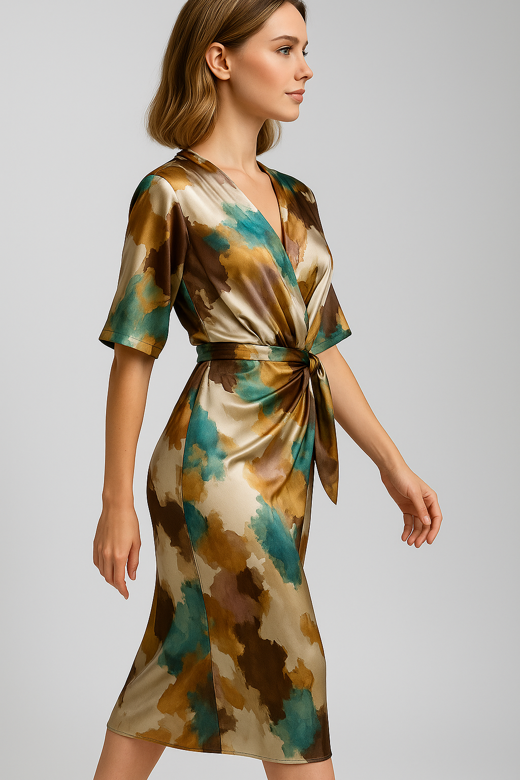 Abito da Donna in Satin Elegante con Stampa Astratta Floreale, Lunghezza Midi - - abito abito con stampa astratta abito da donna abito donna abito in satin abito versatile astratta design artistico donna dresses eleganza e comfort look audaci moda femminile satin stampa vestito al ginocchio vestito elegante - Concept Palermo