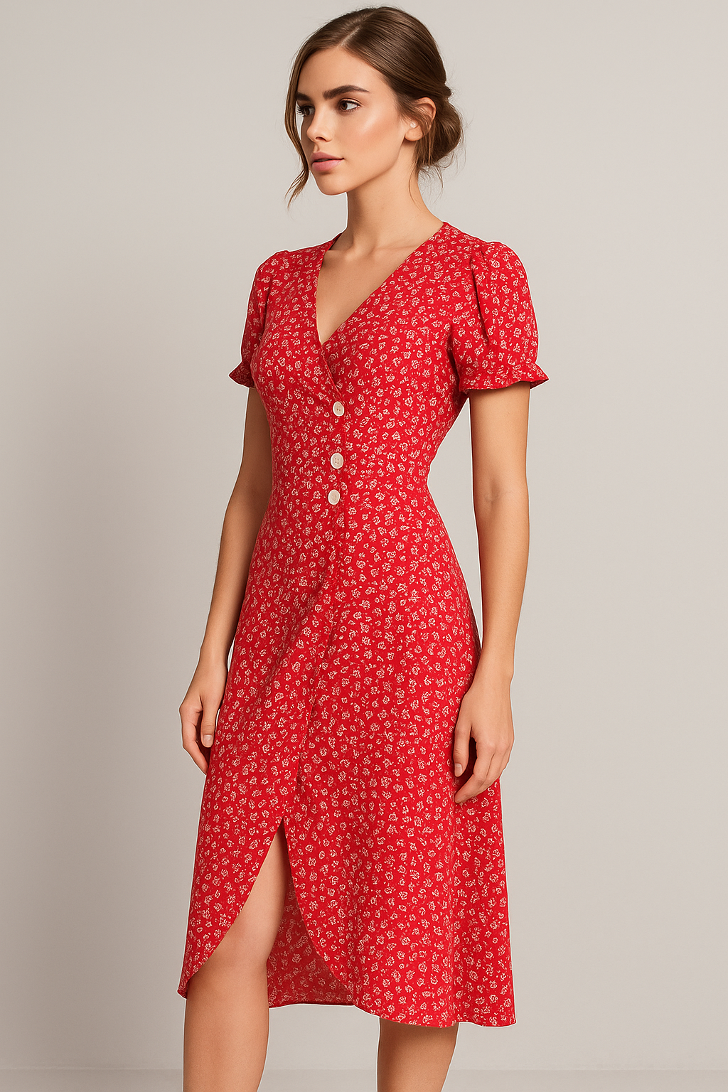 Vestito midi stampato con scollatura a V e bottoni laterali Donna - - bottoni donna dresses Frauen Kleider laterali midi scollatura stampato vestito - Concept Palermo