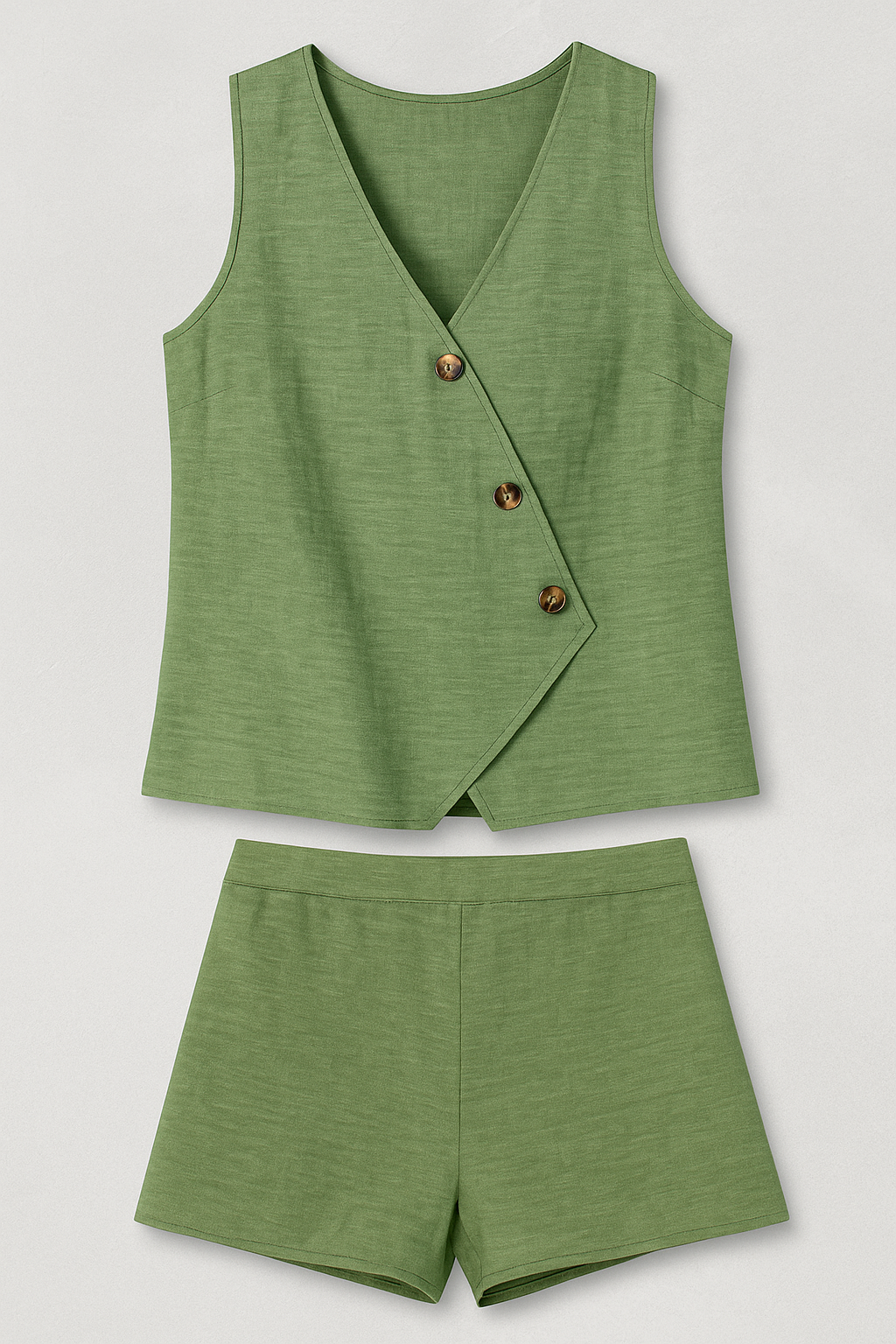 Set estivo da donna con top avvolgente e short in misto lino - Verde - avvolgente Clothes clothes for women donna estivo estivo donna lino misto outfit sets short women clothes - Concept Palermo