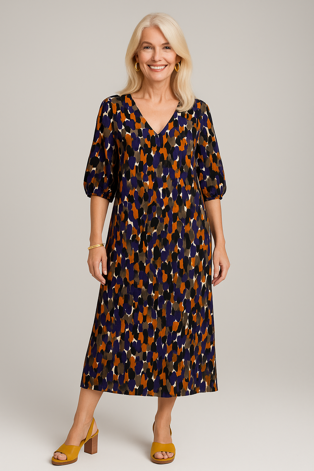 Abito Donna Stampa Vintage - - abito abito alla moda abito da cerimonia abito donna abito elegante abito versatile donna dresses look raffinato moda chic stampa stampa vintage tessuto morbido V-hals abito vestito con maniche a sbuffo vintage - Concept Palermo