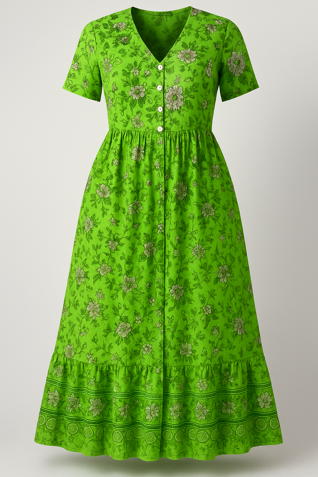 Abito Estivo Floreale Donna Scollo a V in Cotone Leggero - Verde - abito abito casual abito estivo abito floreale cotone donna dresses estivo floreale looks estivi moda casual moda estiva scollo scollo a V taglie disponibili S-4XL vestito estivo vestito floreale - Concept Palermo