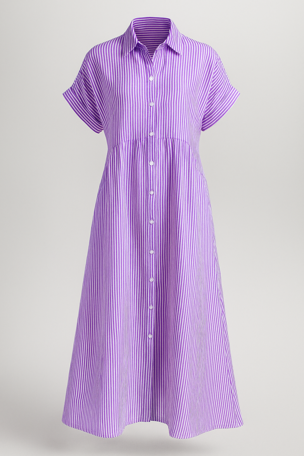 Abito Midi Donna a Strisce con Tasche, Vestito Estivo Casual Elegante - Porpora - abito abito a camicia abito a strisce abito comodo abito con tasche abito elegante abito midi abito versatile donna dresses midi strisce tasche vestito casual vestito da lavoro vestito per tutte le occasioni - Concept Palermo