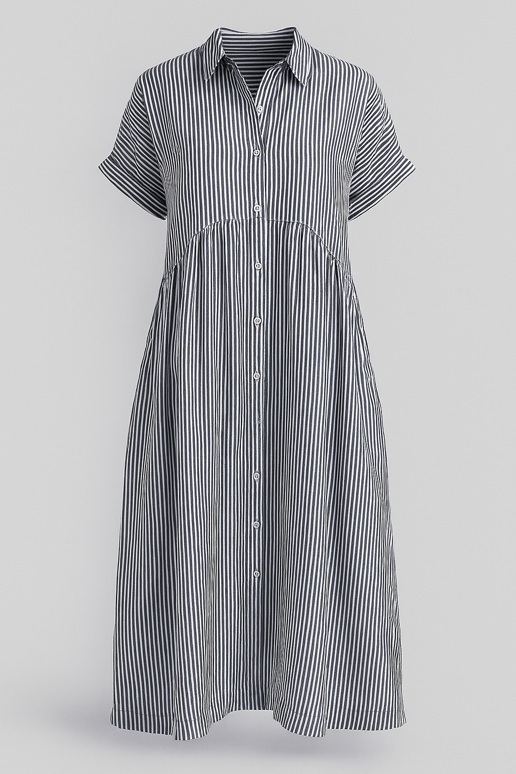 Abito Midi Donna a Strisce con Tasche, Vestito Estivo Casual Elegante - Grigio - abito abito a camicia abito a strisce abito comodo abito con tasche abito elegante abito midi abito versatile donna dresses midi strisce tasche vestito casual vestito da lavoro vestito per tutte le occasioni - Concept Palermo
