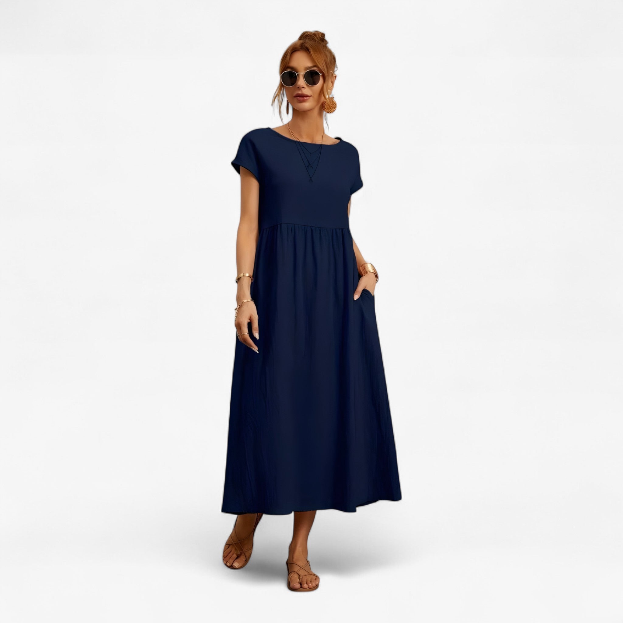 Abito Beige Elegante da Donna in Lino Taglie Forti per Cerimonia Estiva - Blu marino - abito abito donna donna dresses - Concept Palermo
