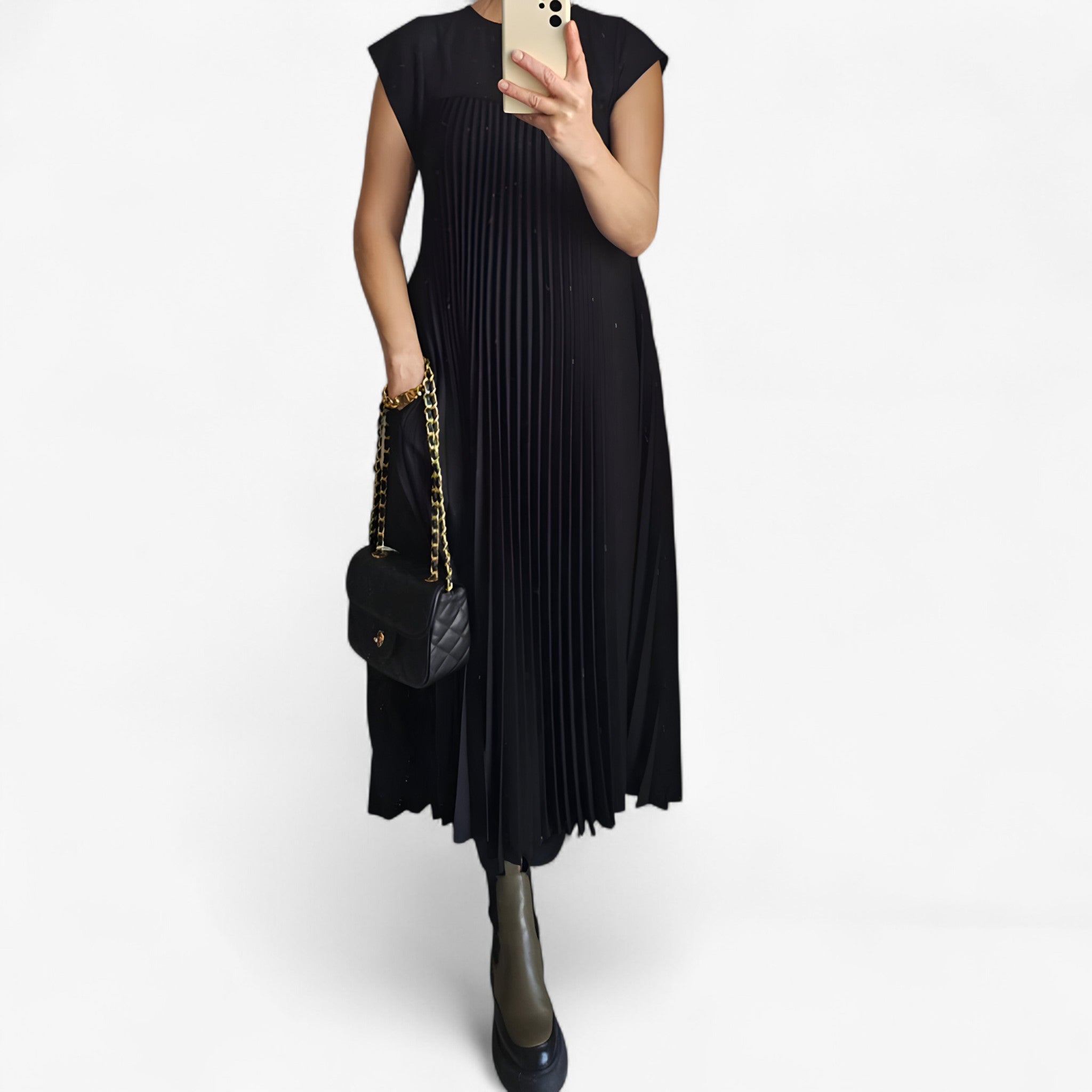 Vestito Senza Maniche con Pieghe Donna - Nero - donna dresses maniche pieghe vestito vestito maniche - Concept Palermo