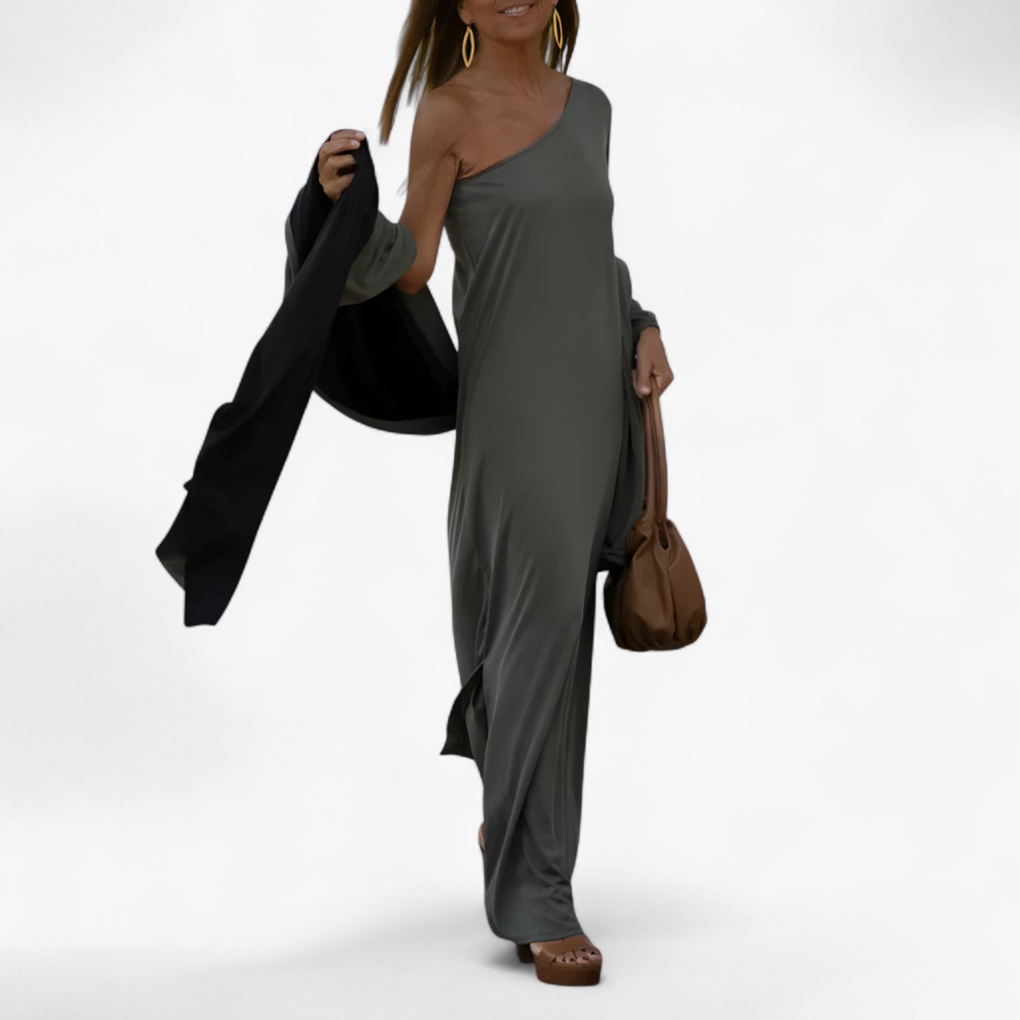 Abito Monospalla Donna Elegante Nero in Raso Taglie Forti - - abito abito spalla donna dresses spalla unica - Concept Palermo