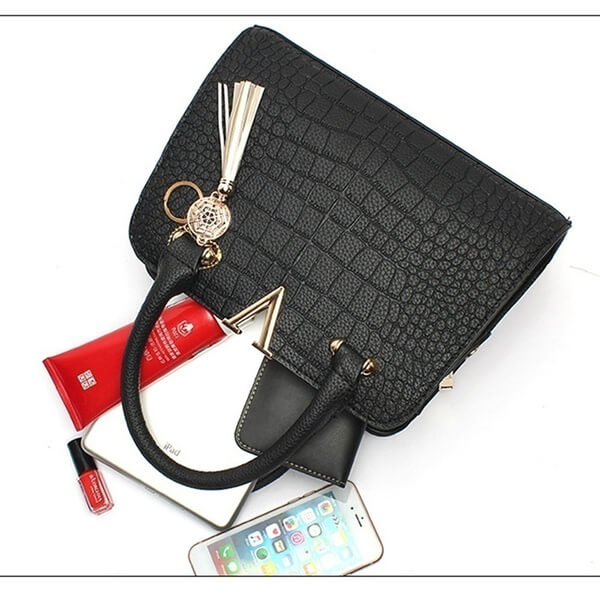 Borsa Donna Nera Elegante in Vera Pelle di Coccodrillo con Tracolla Regolabile e Zip - - Bags borsa borsa pelle coccodrillo handbags pelle Women's handbags - Concept Palermo