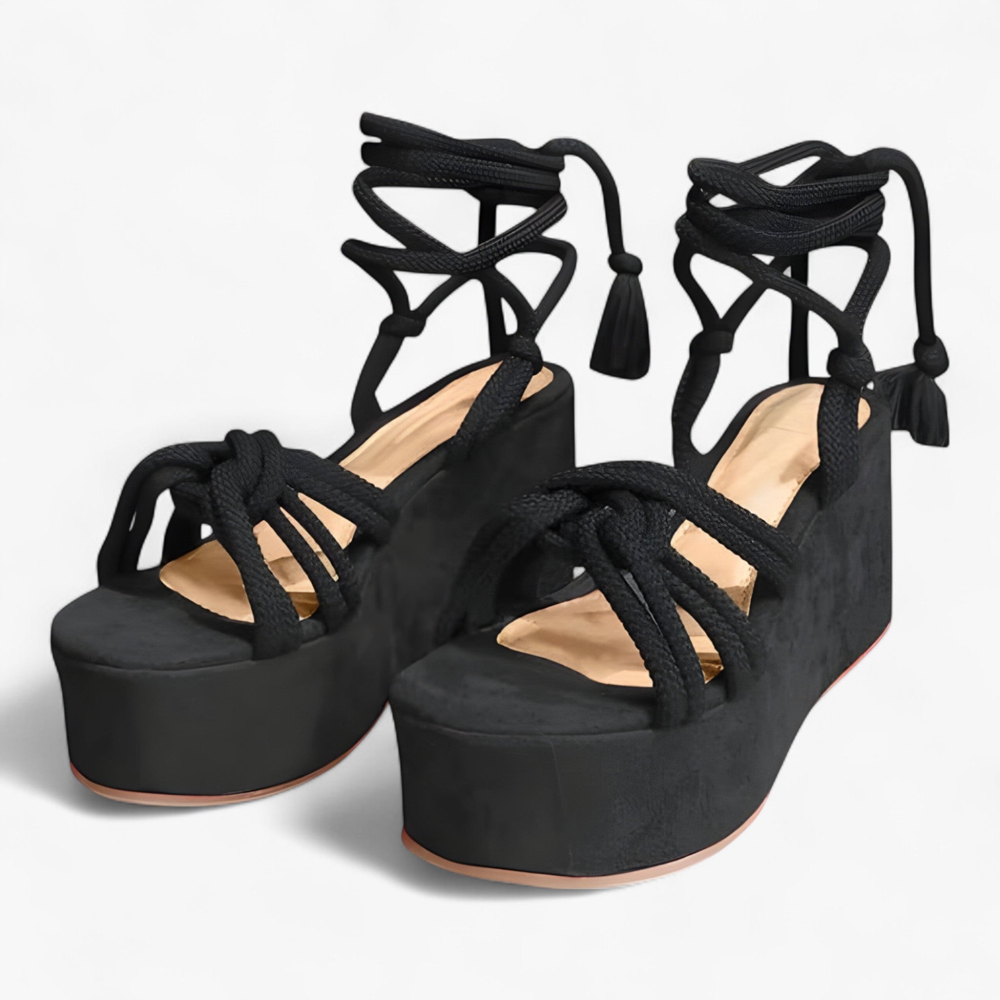 Sandalias con cordones para mujer en piel negra - Cómodas y elegantes