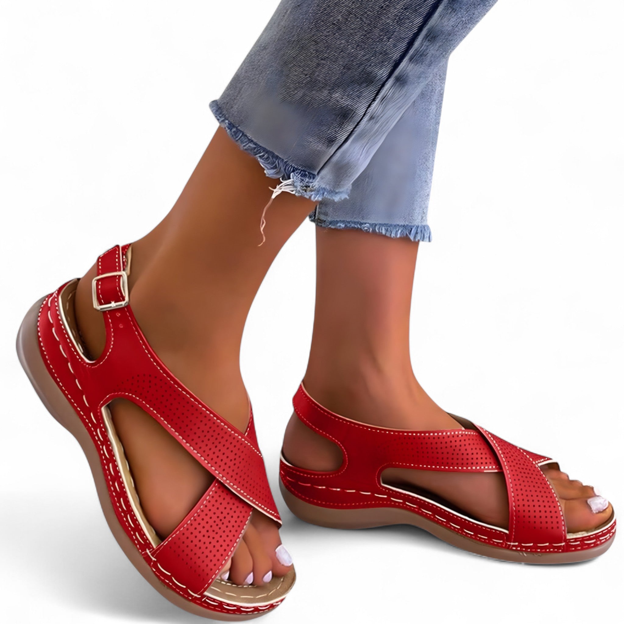 Sandalias vintage cómodas para mujer en piel marrón con tacón bajo