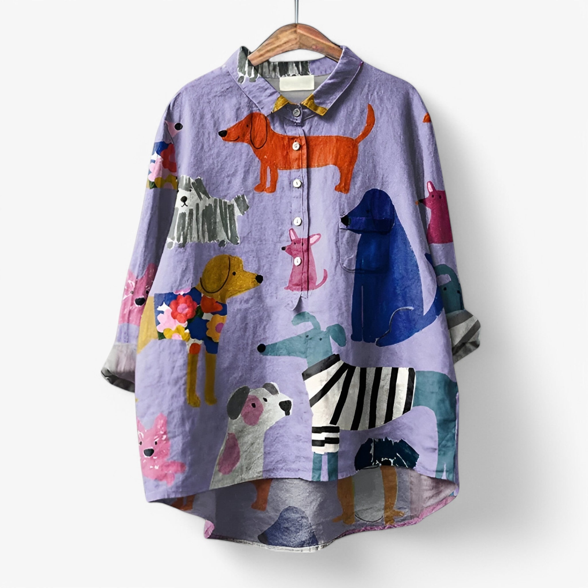 Camicia Donna con Stampa Grafica Accattivante - Elegante e Moderna - Cane Viola - accattivante camicia camicia con stampa grafica camicia donna camicia moderna camicia stampa donna grafica look da ufficio moda donna stampa women's top clothes - Concept Palermo