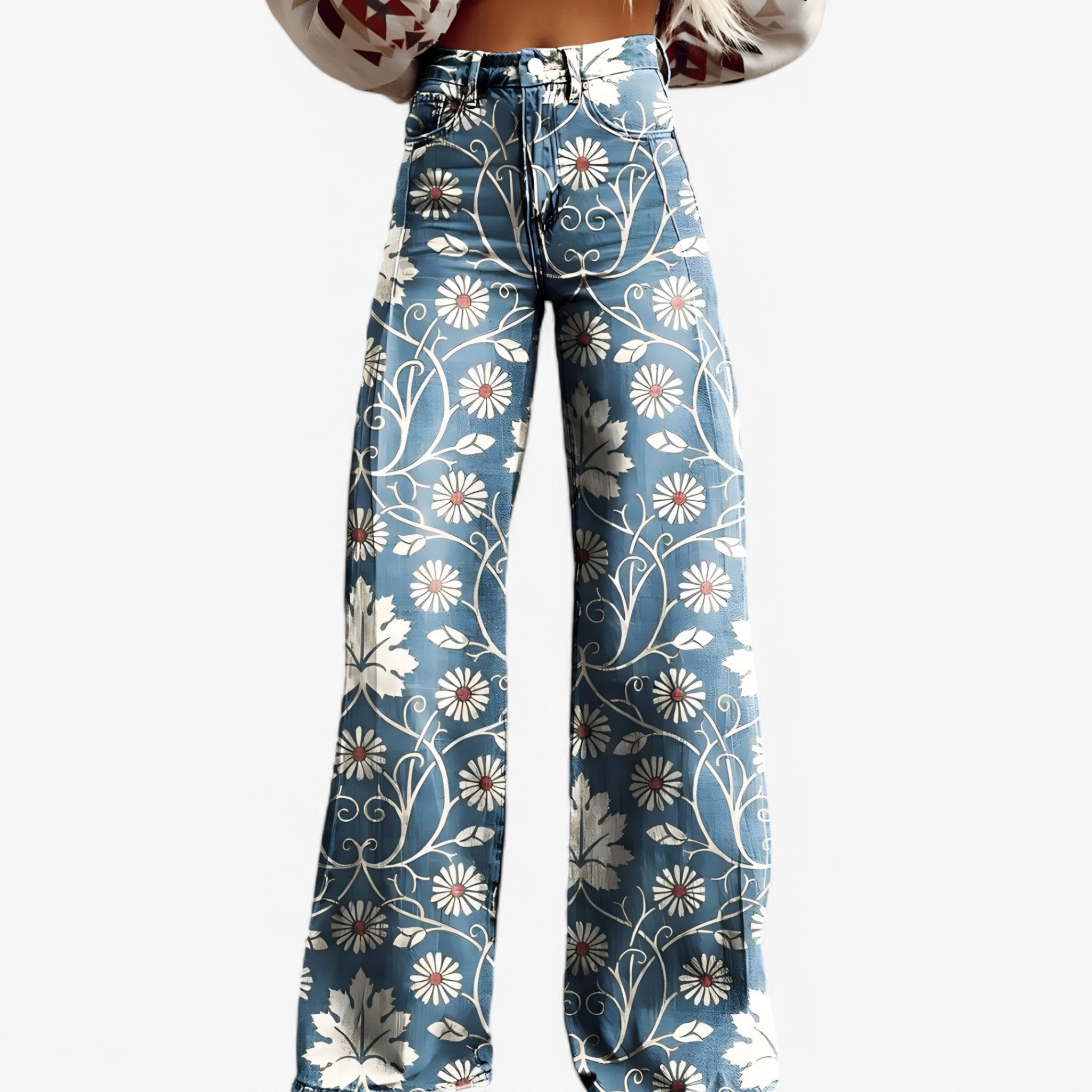 Pantaloni a gamba larga - Casual e alla moda Uomo - Fiori bianchi - alla casual gamba larga moda pantaloni pantaloni gamba pants - Concept Palermo