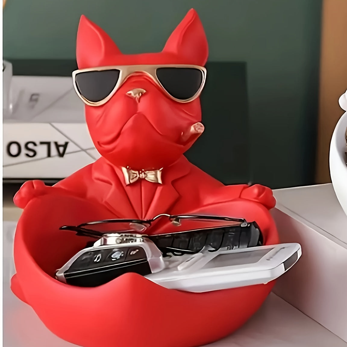 Vassoio Decorativo Bulldog Nero in Resina, Moderno Porta Oggetti e Gioielli - Rosso - aitest bulldog casa Decoratie decorazione home & garden portaoggetti vassoio vassoio portaoggetti - Concept Palermo