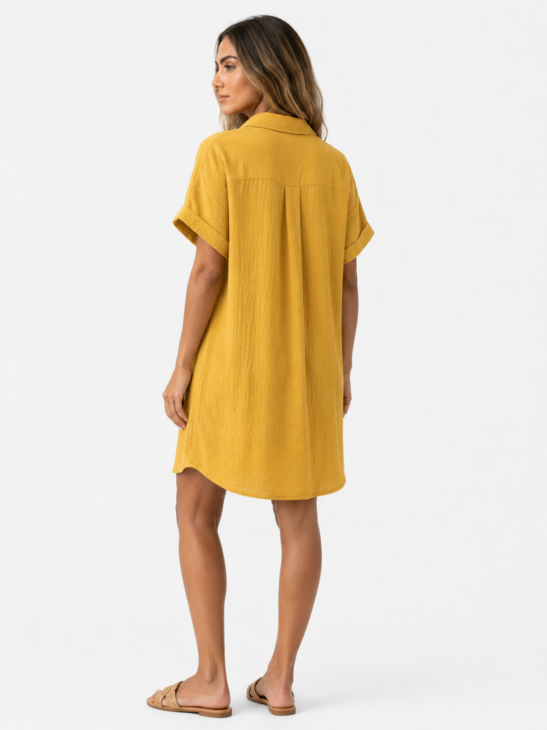 Abito Camicia da Donna a Nido d'Ape con Bottoni Effetto Legno - - abito abito camicetta bottoni camicetta cotone donna dress dresses Frauen Kleider vaffelbomull women - Concept Palermo