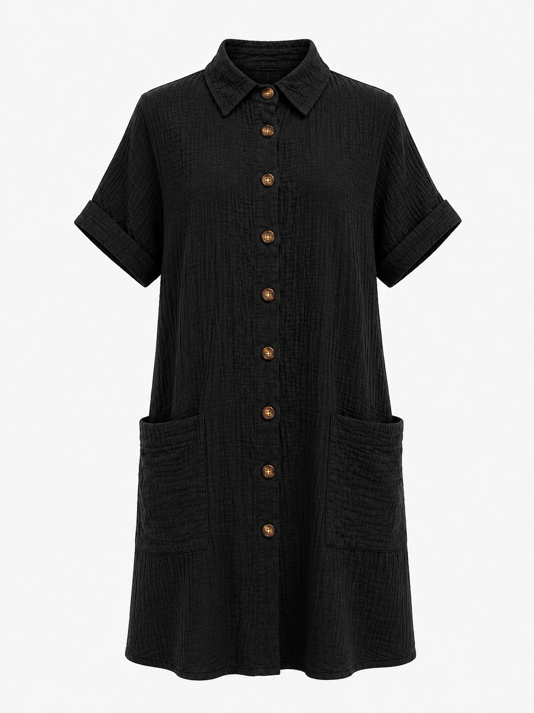 Abito Camicia da Donna a Nido d'Ape con Bottoni Effetto Legno - Nero - abito abito camicetta bottoni camicetta cotone donna dress dresses Frauen Kleider vaffelbomull women - Concept Palermo