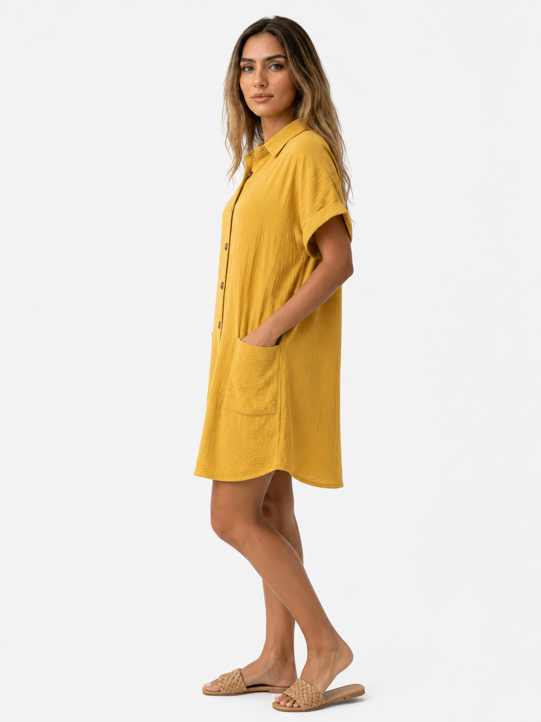Abito Camicia da Donna a Nido d'Ape con Bottoni Effetto Legno - - abito abito camicetta bottoni camicetta cotone donna dress dresses Frauen Kleider vaffelbomull women - Concept Palermo