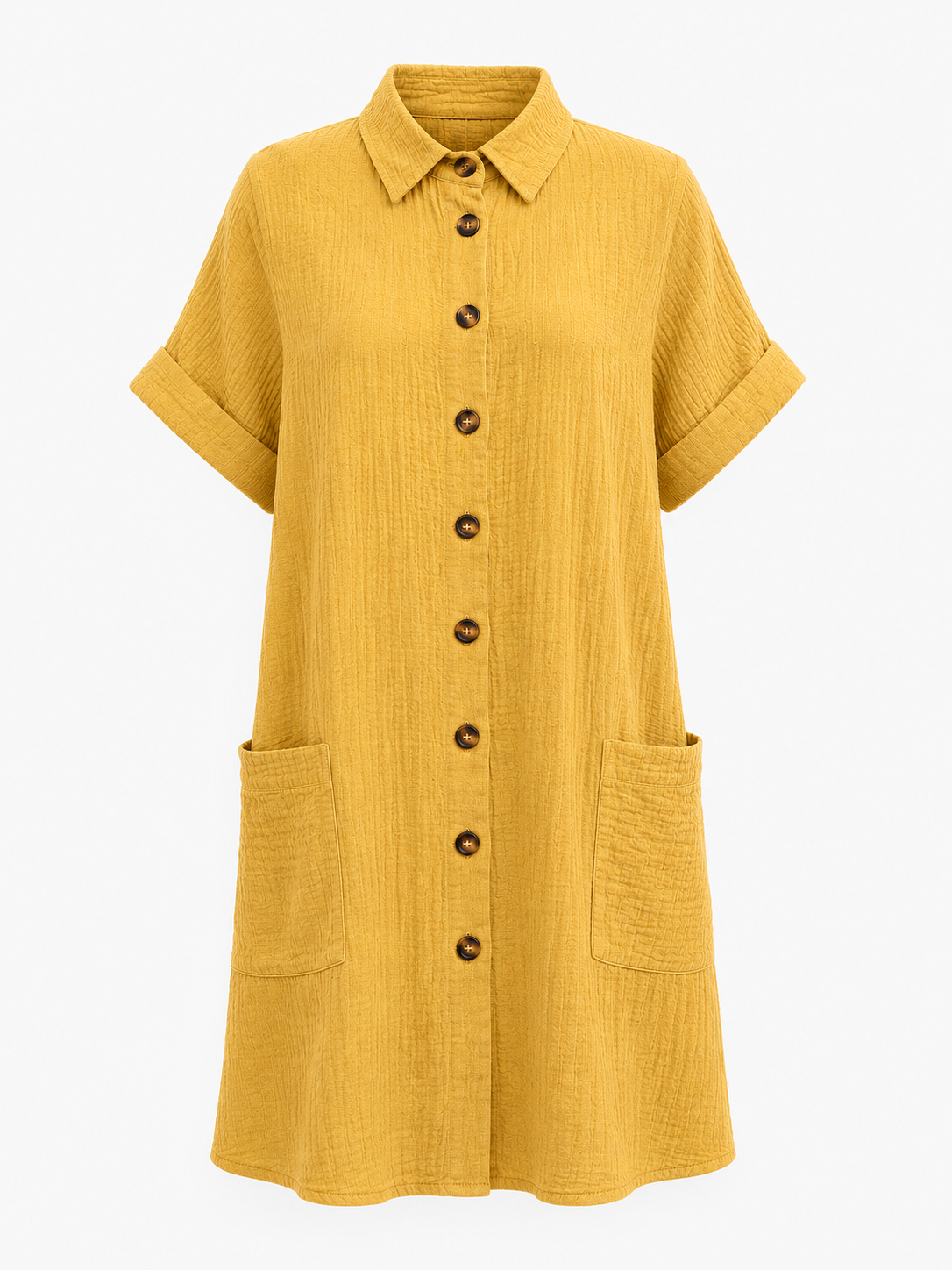 Abito Camicia da Donna a Nido d'Ape con Bottoni Effetto Legno - Giallo - abito abito camicetta bottoni camicetta cotone donna dress dresses Frauen Kleider vaffelbomull women - Concept Palermo