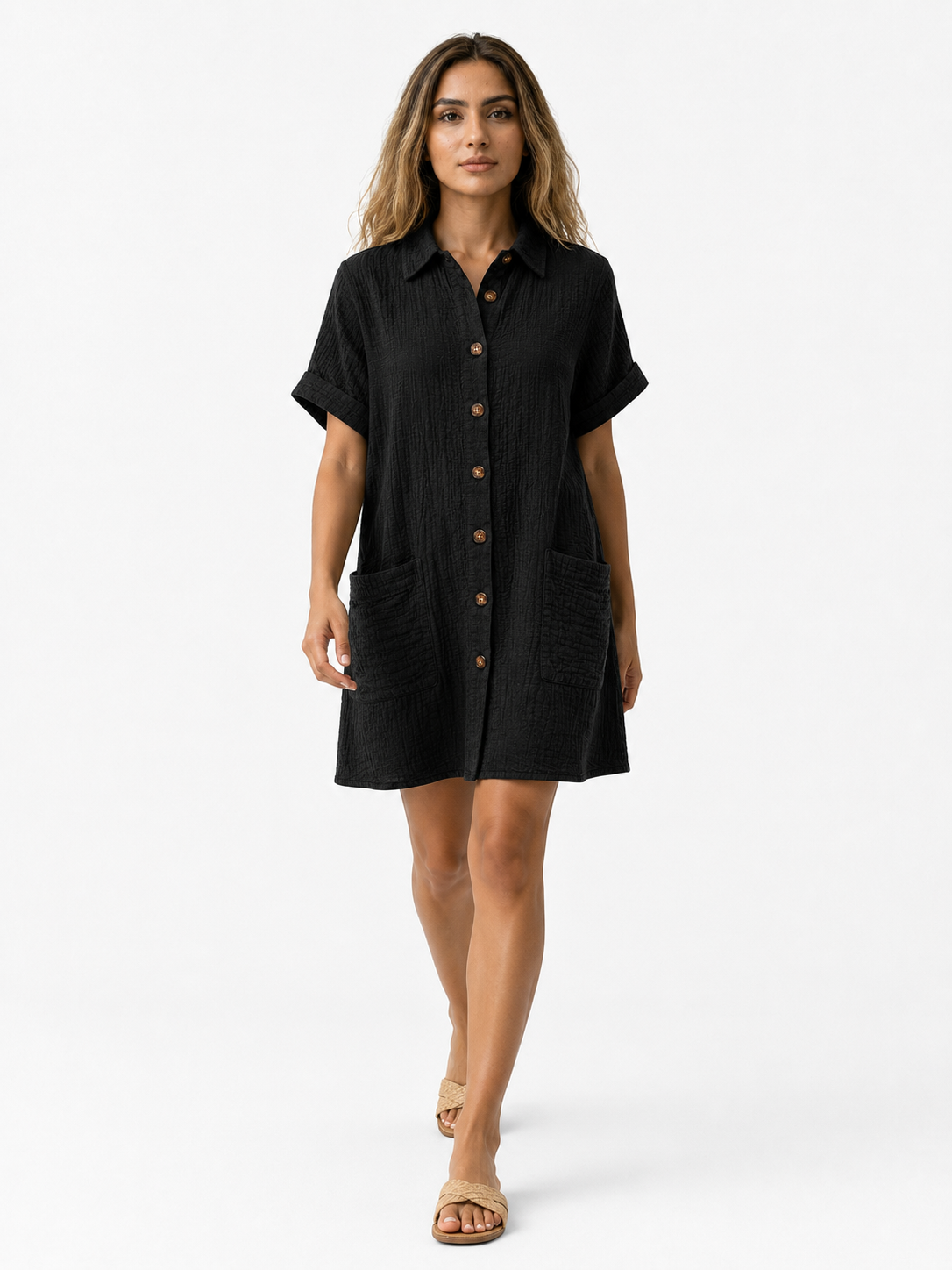Abito Camicia da Donna a Nido d'Ape con Bottoni Effetto Legno - - abito abito camicetta bottoni camicetta cotone donna dress dresses Frauen Kleider vaffelbomull women - Concept Palermo