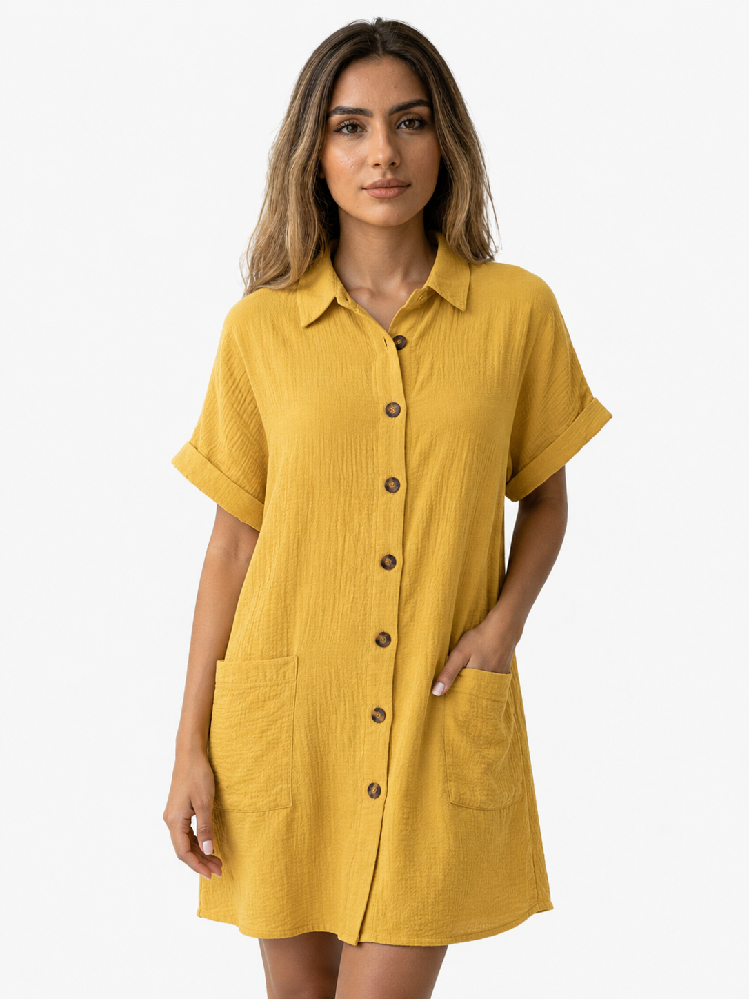 Abito Camicia da Donna a Nido d'Ape con Bottoni Effetto Legno - - abito abito camicetta bottoni camicetta cotone donna dress dresses Frauen Kleider vaffelbomull women - Concept Palermo