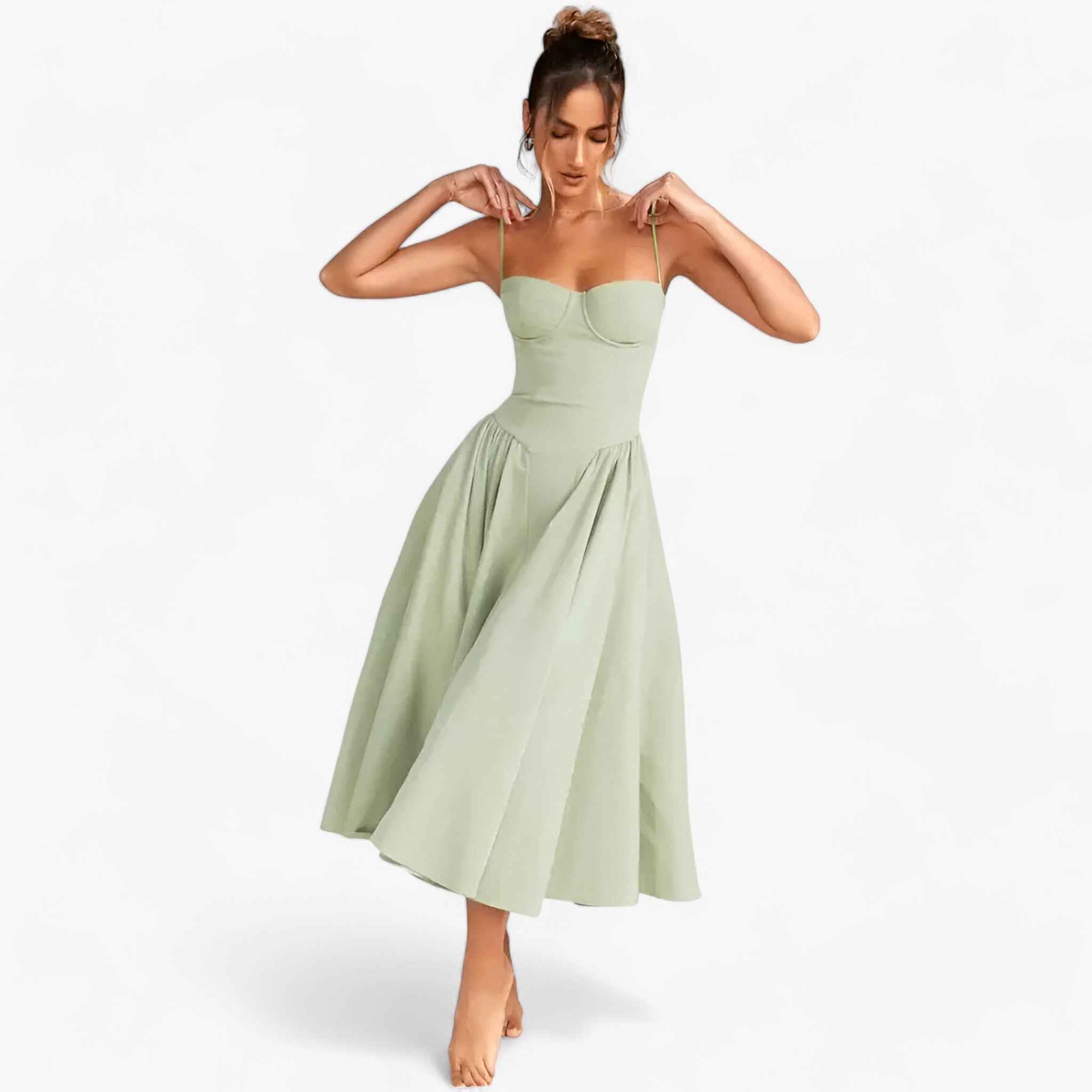 Abito Donna Midi Senza Maniche - Verde chiaro S - abiti da donna abito abito corsetto abito donna abito formale abito informale abito lunghezza midi abito midi elegante abito per occasioni abito senza maniche donna look sofisticato maniche midi vestito elegante donna vestito versatile - Concept Palermo