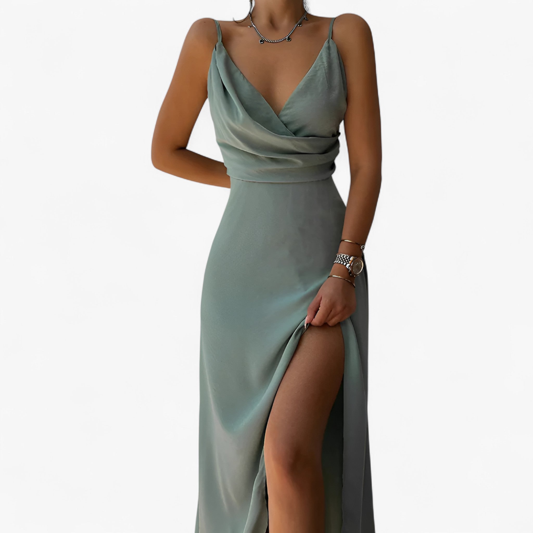 Abito Elegante Donna in Raso Satinato con Scollo a Cascata e Spalline Sottili - Sage - abito abito con alto spacco abito da matrimonio abito donna abito elegante abito serale abito versatile cascata donna dresses look raffinato outfit femminile satin scollo stile elegante vestito con scollo a cascata vestito in satin - Concept Palermo