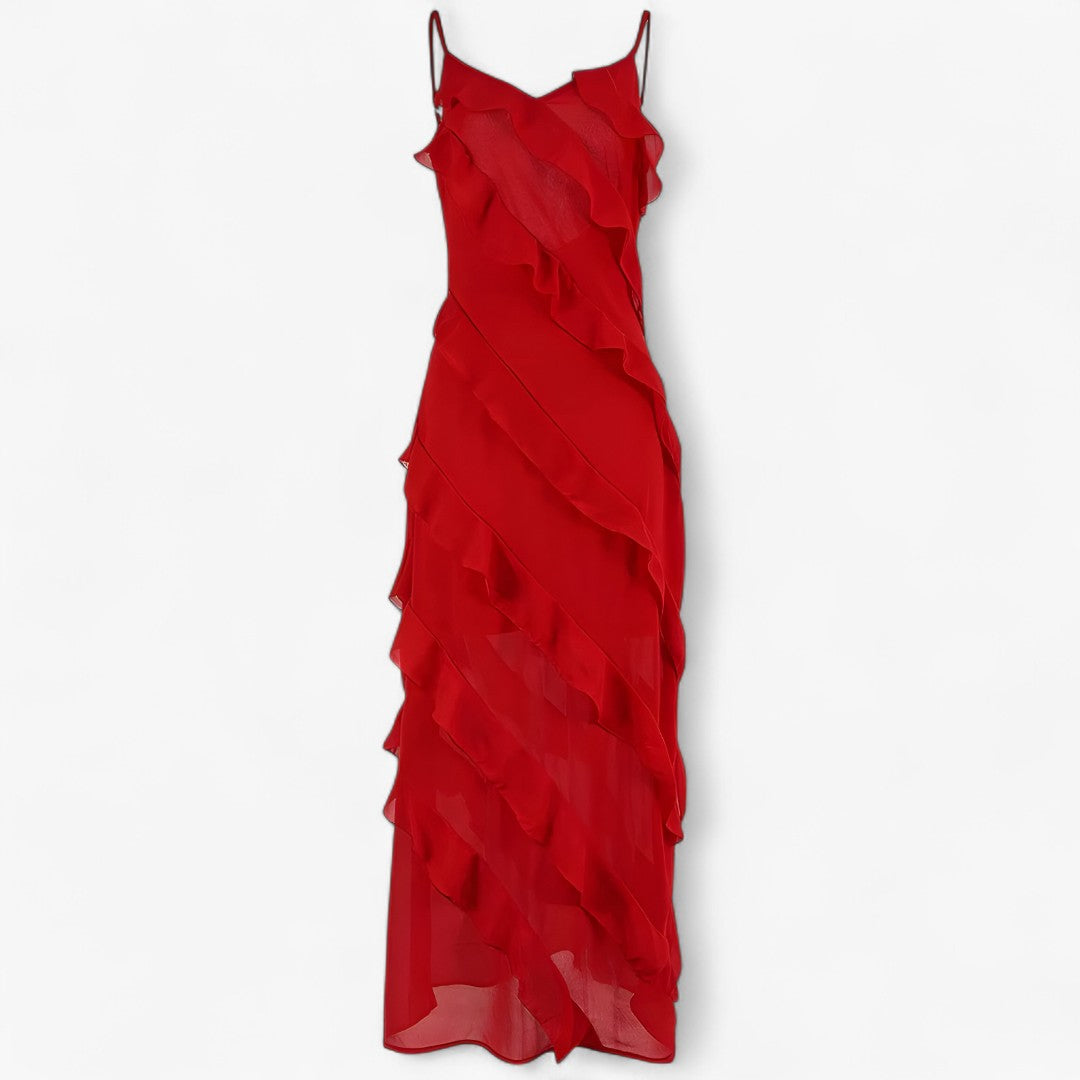 Abito lungo con spalline sottili e volant a strati Uomo - Rossa - abito abito spalline DRESS Dresses female dress Maxi Dresses Mini Dresses sottili spalline strati uomo volant - Concept Palermo