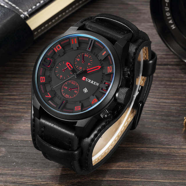 Orologio cronografo da uomo in pelle - Nero Rosso - cronografo new_for_google_may orologio orologio cronografo pelle uomo Watches - Concept Palermo