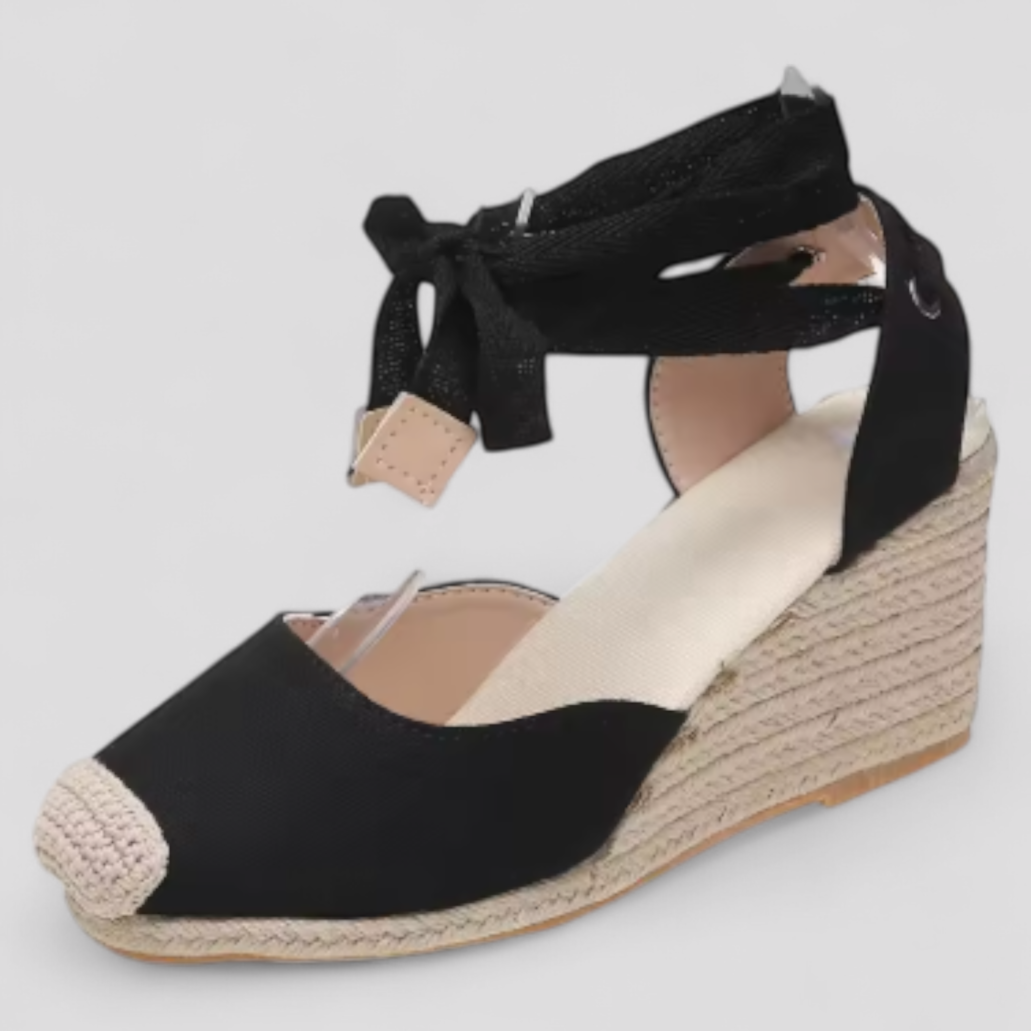 Espadrillas Zeppe Estive con Lacci alla Caviglia Donna in Tela Beige - Nero - Accessoires alla caviglia Dames espadrillas estive lacci Sandalen Schoenen stile zeppe zeppe estive - Concept Palermo