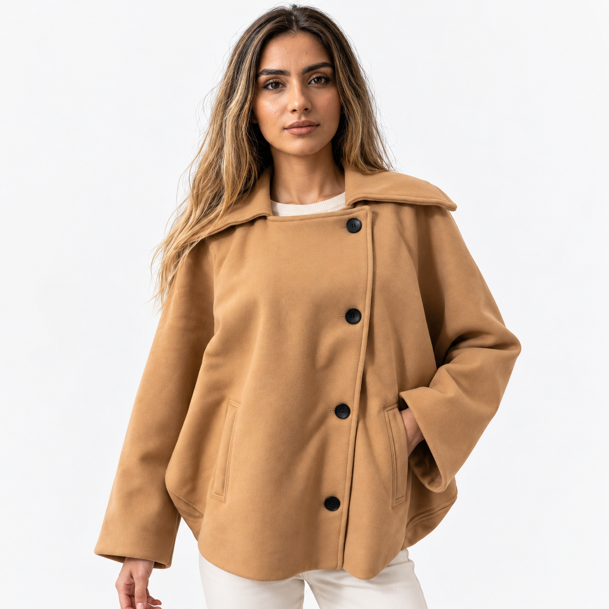 Cappotto Donna Oversize in Poliestere con Colletto e Bottoni - - abbigliamento donna abito invernale cappotti e giacche da donna cappotto cappotto caldo cappotto donna cappotto eleganza cappotto invernale cappotto lana cappotto lungo cappotto oversize donna donna moda trendy oversize Solid stile invernale Women Wool - Concept Palermo