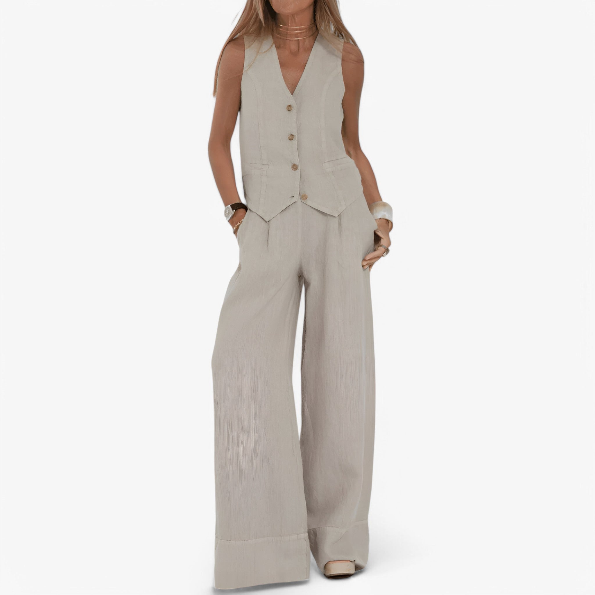 Gilet senza maniche (con pantaloni coordinati gratuiti) - Beige - coordinati gilet gilet maniche gratuiti maniche outfit sets pantaloni - Concept Palermo
