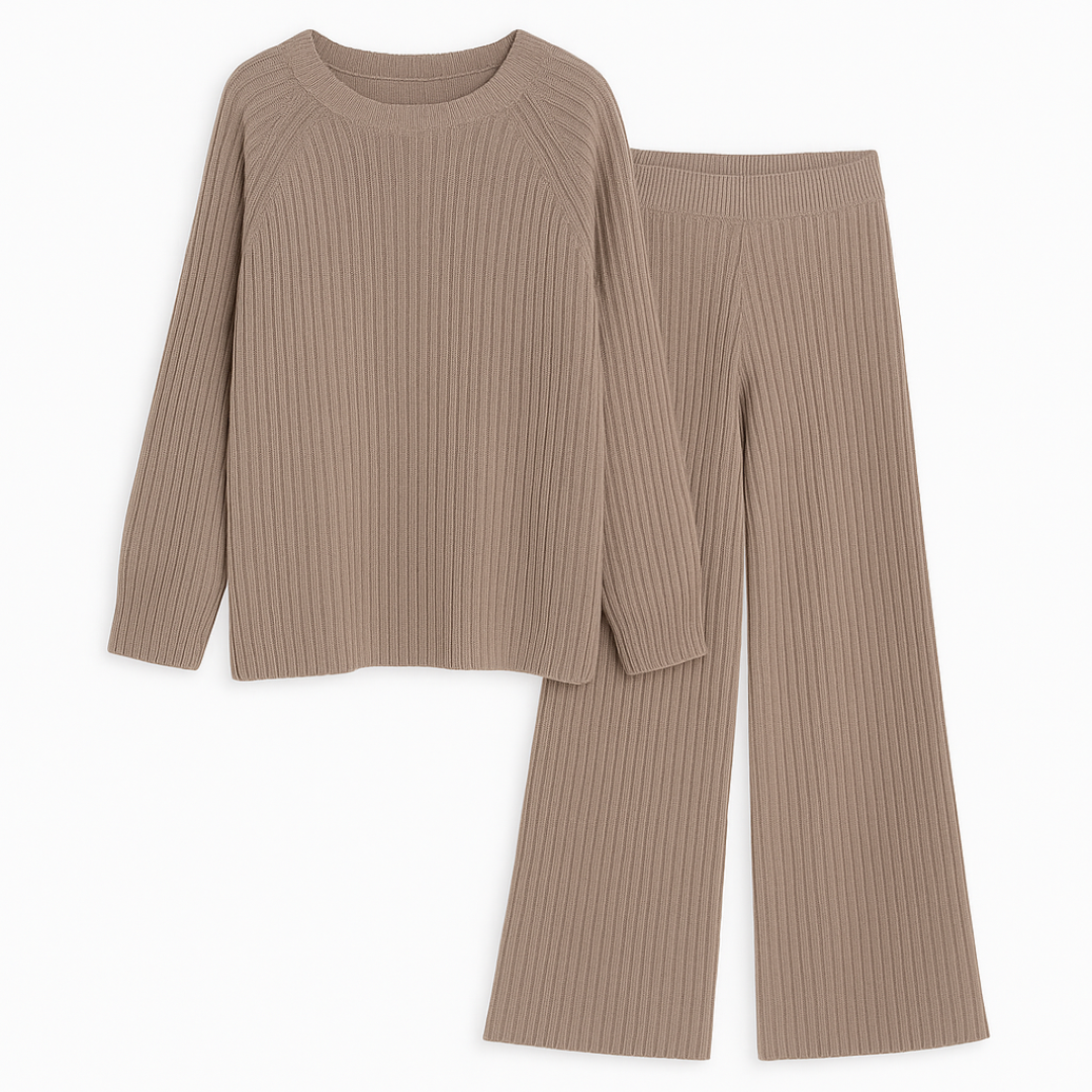Set da lounge a coste comodo Donna - Beige - 2-Piece Sets coste donna Knitted Tops lounge lounge coste outfit sets SC - Clothing Women Spring Women - Concept Palermo