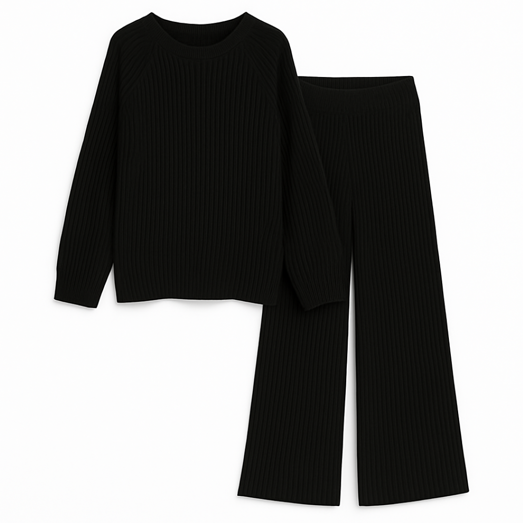 Set da lounge a coste comodo Donna - Nero - 2-Piece Sets coste donna Knitted Tops lounge lounge coste outfit sets SC - Clothing Women Spring Women - Concept Palermo