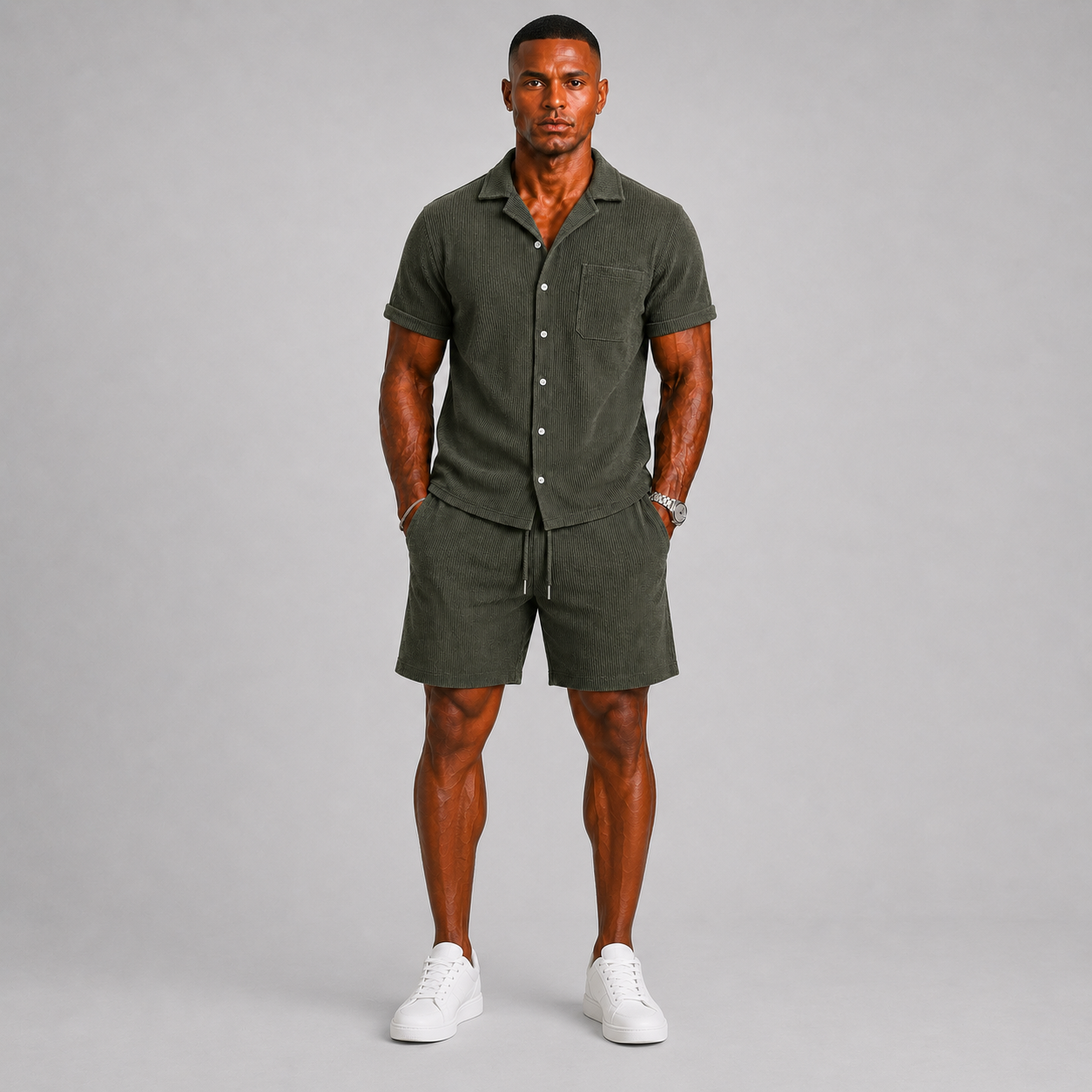 Set coordinato da uomo in tessuto a costine con camicia e pantaloncini - - borstzak casual casual chic co-ord set comfortabel completo estivo dagelijks gebruik elastische taille festival outfit Heren heren mode heren set korte broek set lente zomer luchtig luchtige broek lunelle modern overhemd korte mouwen overhemd set ribstof ribstof set set uomo short set smart casual stijlvol strand stijl terras outfit tessuto vakantie stijl veelzijdig zomers Zomersets - Concept Palermo