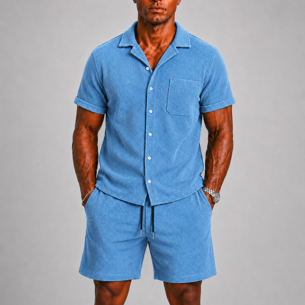 Set coordinato da uomo in tessuto a costine con camicia e pantaloncini - Azzurro - borstzak casual casual chic co-ord set comfortabel completo estivo dagelijks gebruik elastische taille festival outfit Heren heren mode heren set korte broek set lente zomer luchtig luchtige broek lunelle modern overhemd korte mouwen overhemd set ribstof ribstof set set uomo short set smart casual stijlvol strand stijl terras outfit tessuto vakantie stijl veelzijdig zomers Zomersets - Concept Palermo