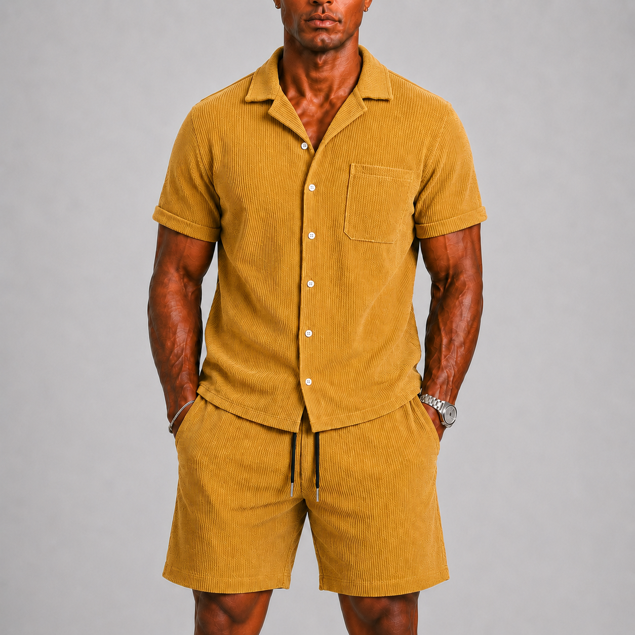 Set coordinato da uomo in tessuto a costine con camicia e pantaloncini - Giallo - borstzak casual casual chic co-ord set comfortabel completo estivo dagelijks gebruik elastische taille festival outfit Heren heren mode heren set korte broek set lente zomer luchtig luchtige broek lunelle modern overhemd korte mouwen overhemd set ribstof ribstof set set uomo short set smart casual stijlvol strand stijl terras outfit tessuto vakantie stijl veelzijdig zomers Zomersets - Concept Palermo